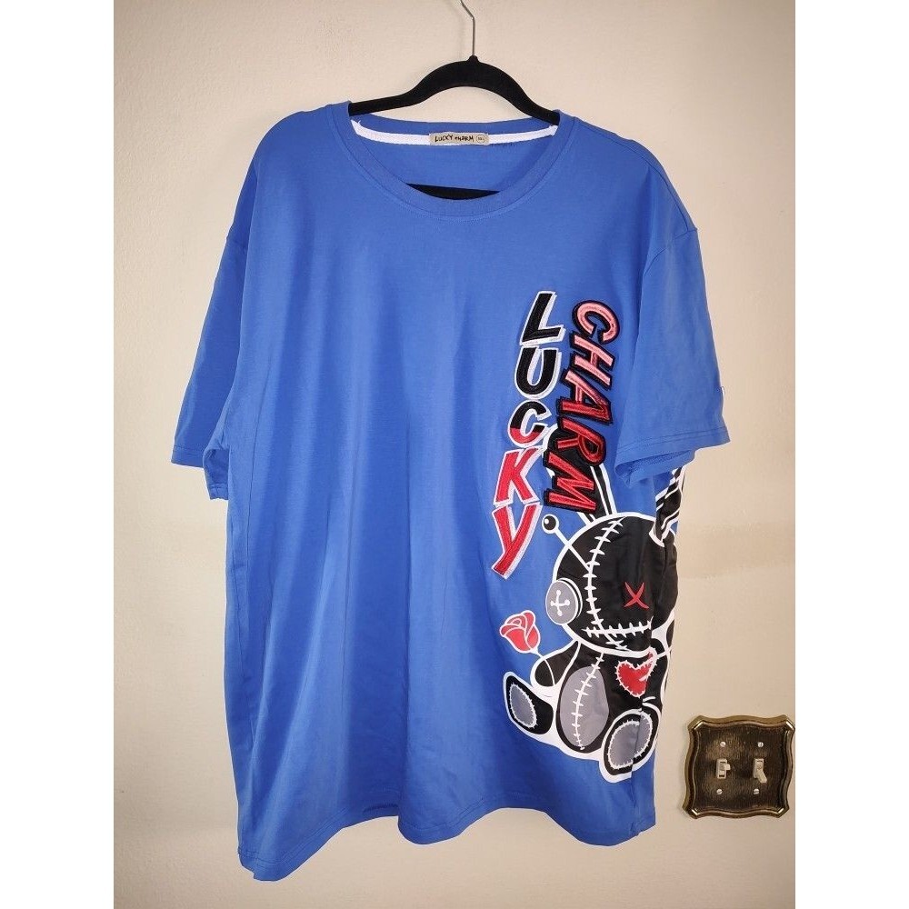 Men's Lucky Charm Blue T Shirt with Embroidery Size 3XL Fits XL - 2XL